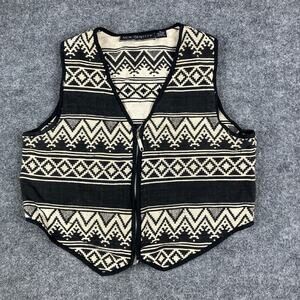 New Identity Sweater Vest Women XL Tribal Zip Front Black Beige Cotton Knit